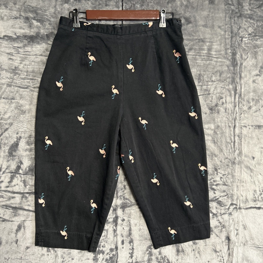 Briggs Women's 12‎  Black Embroidered Flamingo Cropped Pants Wide Leg Resort